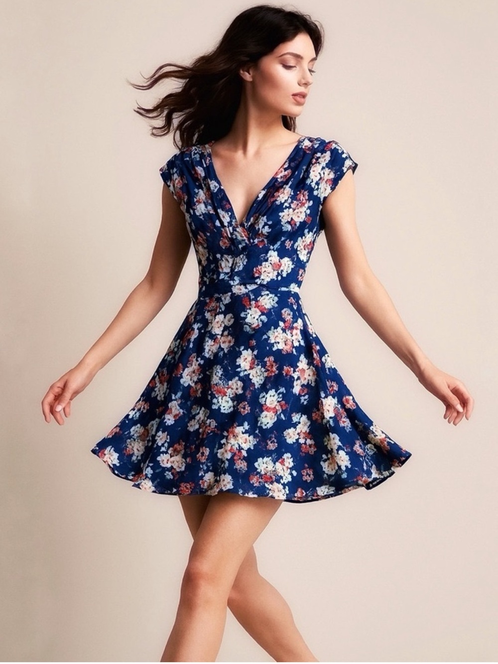 NWOT Unique Vintage Sateen Olivia Navy Floral Print Dress Size M Wedding Guest